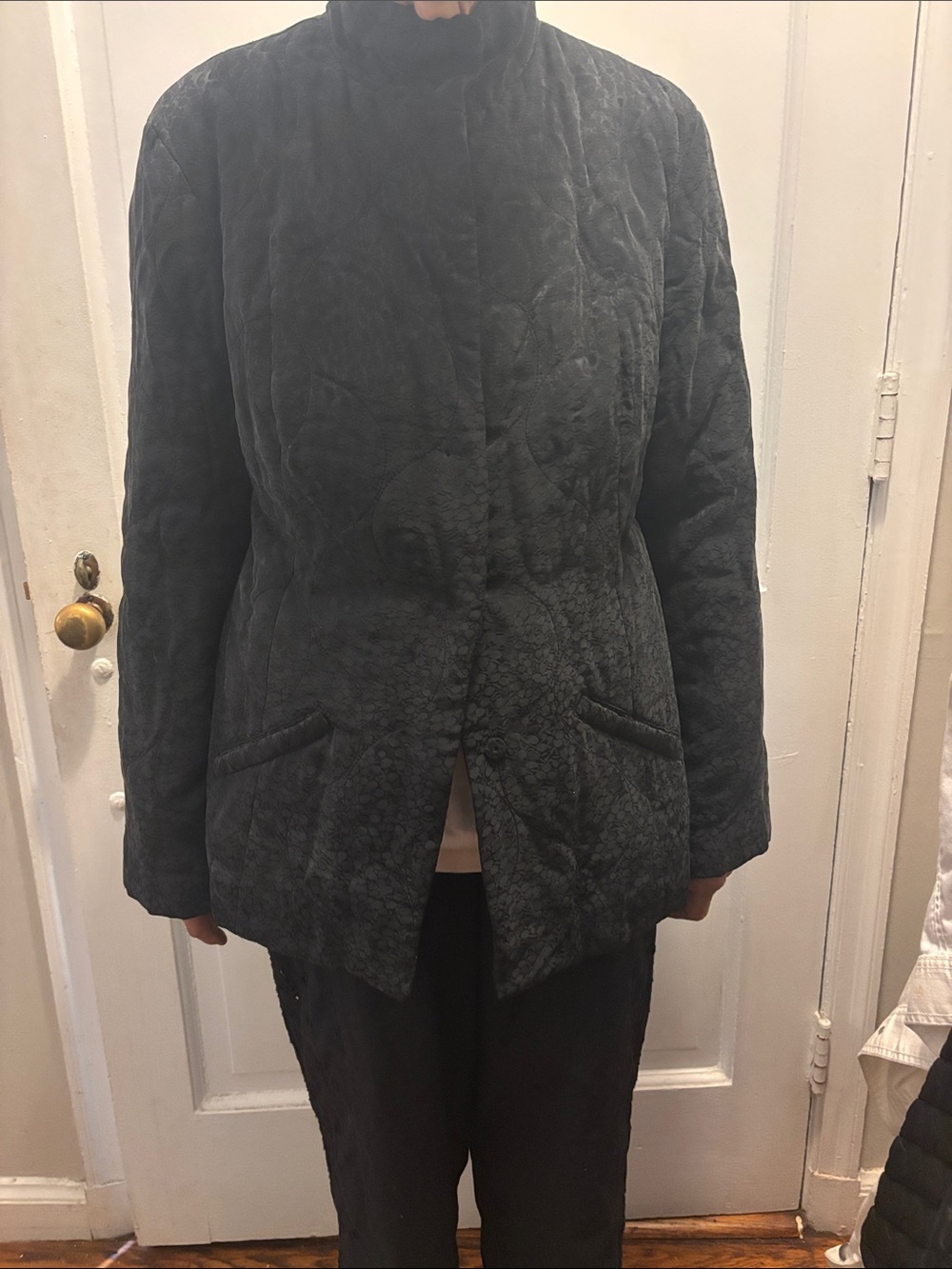 Women's Black Quilted Chinese Mandarin Silk and Rayon Jacket with light polyfill